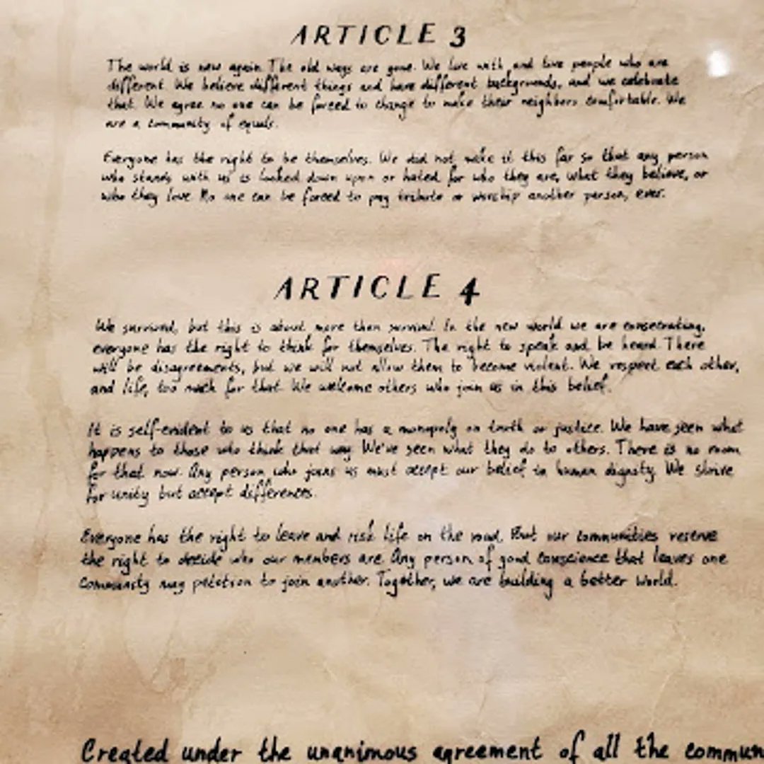 SQUAWKING_DEAD's tweet photo. Courtesy of @MovingImageNYC's #LivingWithTWD exhibit, through @AMC_TV's generosity, we present the FULL text of #Michonne's Multi-Community Charter of Rights and Freedoms.
📰 https://t.co/GGVaaNJIYM
#TWD #WalkingDead #TheWalkingDead #TWDMoMI #LivingWithTheWalkingDead #TWDFamily https://t.co/TVxkSZWBdH