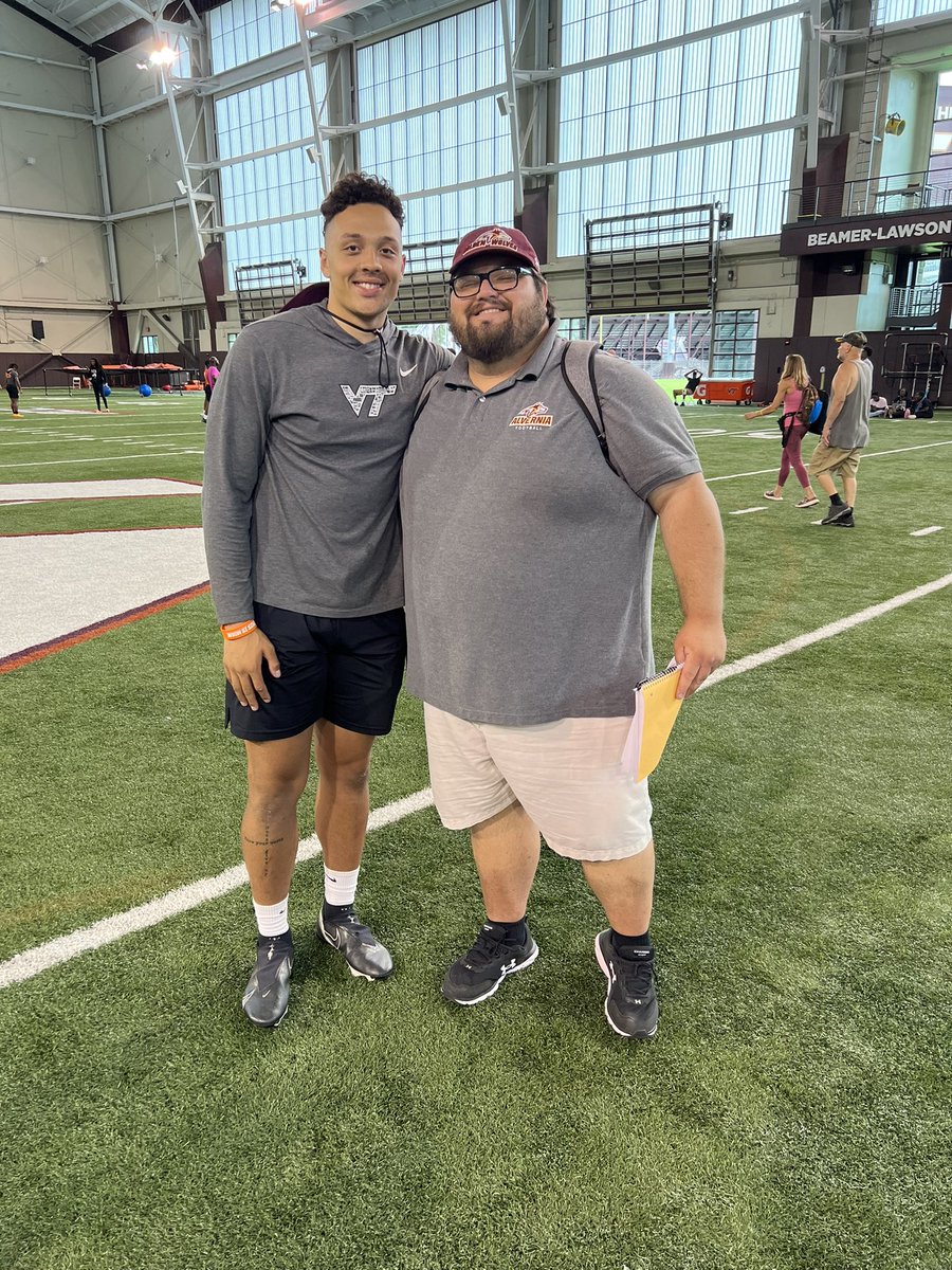 MisterLilly's tweet photo. Great day At @HokiesFB camps! Appreciate @CoachPryVT and the staff for having me! As always great to run into this guy @JasonBrown_QB #JoinThePack #EMACForever https://t.co/wY9ZAySsO6