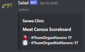 SenwaClinic's tweet photo. Current status of the #MeatCensus:
#TeamOrganHavers - 17 pts!
#TeamOrganNotHavers - 17 pts!
It's an outright tie! Which is impressive considering the organ'ts are outnumbered 2 to 1 currently!! https://t.co/WqL5Kn5Acq