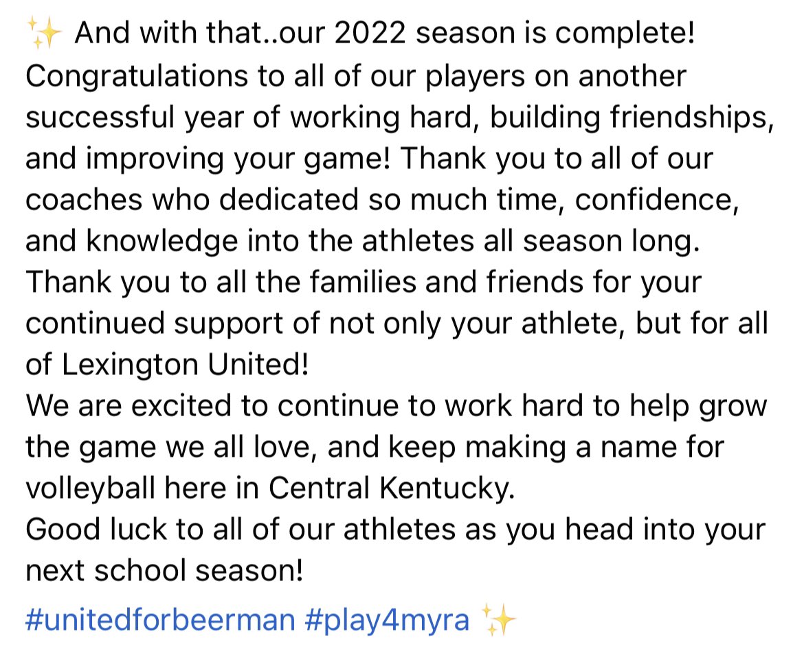 Thank you for another great year of Lexington United Volleyball! 💙🏐#unitedforbeerman #play4myra 

Be on the lookout for fall clinics and camps that we will have available (use link): lexunitedvb.com/camps