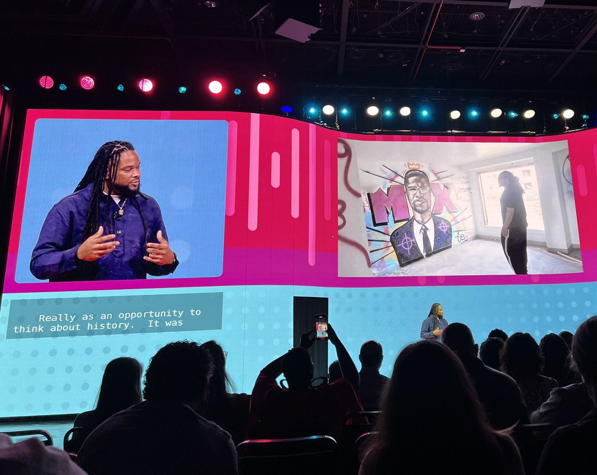 StephRothEDU's tweet photo. Love this opening! Hearing the journey of NOLA artist @Bmike_2c Brandon Odums with ProjectBE, ExhibitBE, and StudioBE. Inspiring, Impactful, Innovative. #ISTE22 #ISTELive https://t.co/9hdyaipwfS