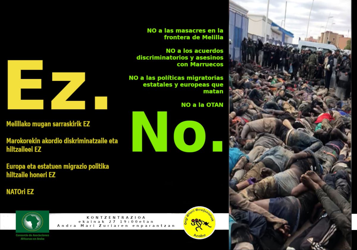 📢 Ekainak 27 -  EZ.
KONTZENTRAZIOA 
⏰ 19:00 pm.  
📍Andre Maria Zuriaren plazan
Melillan gertatukoari EZ.

Etorri!!!