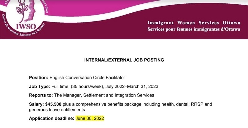 ImmigrantWomen's tweet photo. IWSO is hiring an English Conversation Circle Facilitator. Apply by June 30th.
https://t.co/lKVda3kXeE
https:/www.immigrantwomenservices.com/
#ViolenceAgainstWomen #immigrationsservices #domesticviolence #YouAreNotAlone #UnsafeatHomeOttawa #WeAreHereForYou #ottnews #ottcity https://t.co/e0IXCnG33v