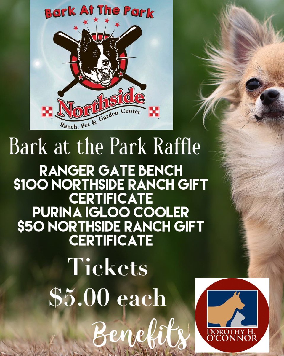 NorthsideRanch's tweet photo. Bark at the Park Raffle benefits Dorothy O’Connor Pet Adoption.

Raffle tickets are $5.00 each.  Tickets can be purchased at the store or at “Bark at the Park” on July 10th.

Drawing held on August 8th.  Winners will be notified. https://t.co/P2I6iDGO7v