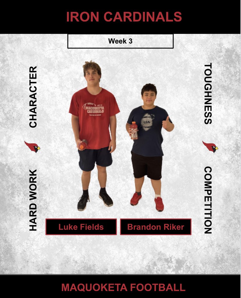MaquoketaFB's tweet photo. Here are our Iron Cardinals for week 3 of summer workouts! Great work guys, back to work this week! #BUILT2RI2E #IRONCARDS https://t.co/OjQpeQ2X8b