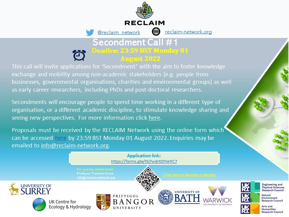 reclaim_network's tweet photo. *Announcement of funding opportunity* We are glad to launch our #firstfunding #call for #secondmentopportunities for #EarlyCareeParticipants from any sector (academia, business, council, environmental groups, etc.). Call details and form to apply is here: https://t.co/op8zOnh3sk https://t.co/qgQwNrtvfK