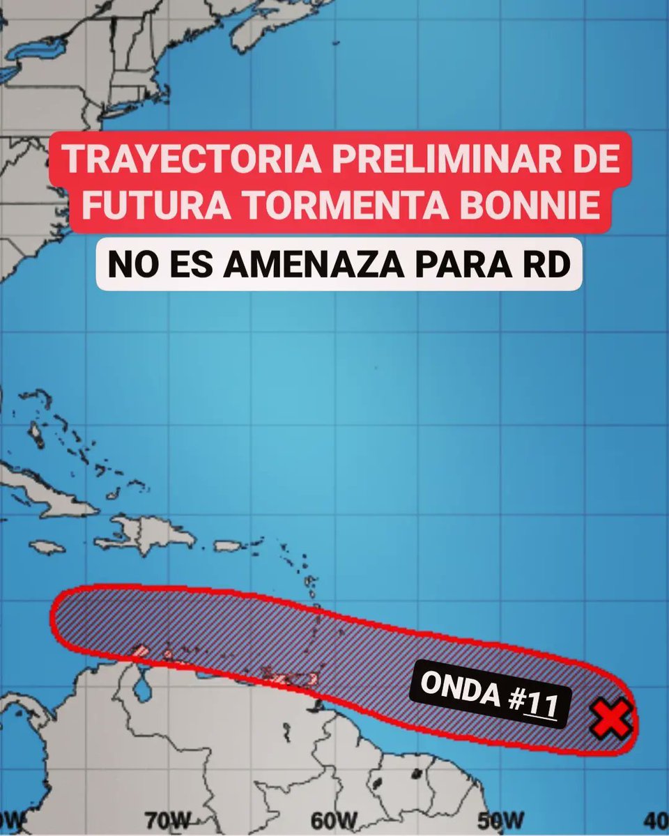 JeanSuriel's tweet photo. 🔴ATENTOS🔴
La onda tropical 11 continúa mostrando probabilidades de desarrollo ciclónico en los próximos días, en la medida que se desplaza por aguas muy calientes del Atlántico y esta semana encontrará condiciones favorables para formarse como la Tormenta Bonnie.

Sigue ⬇️ https://t.co/BGX4oQ3Lyf