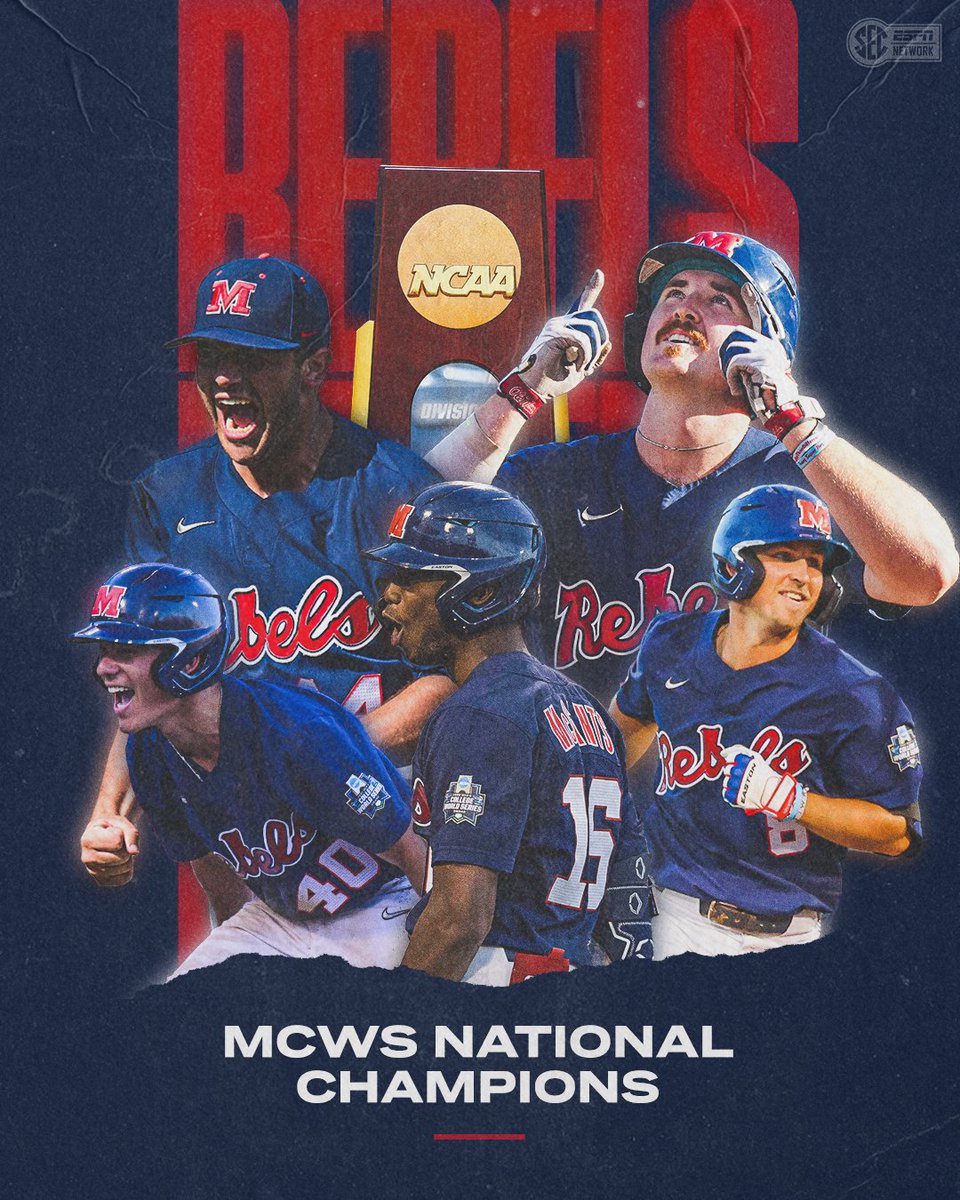SEC Network (@secnetwork) on Twitter photo THE OLE MISS REBELS ARE THE NATIONAL CHAMPIONS 🏆
The first #MCWS title in <a href="/OleMissBSB/">Ole Miss Baseball</a> history! THE OLE MISS REBELS ARE THE NATIONAL CHAMPIONS 🏆
The first #MCWS title in <a href="/OleMissBSB/">Ole Miss Baseball</a> history!