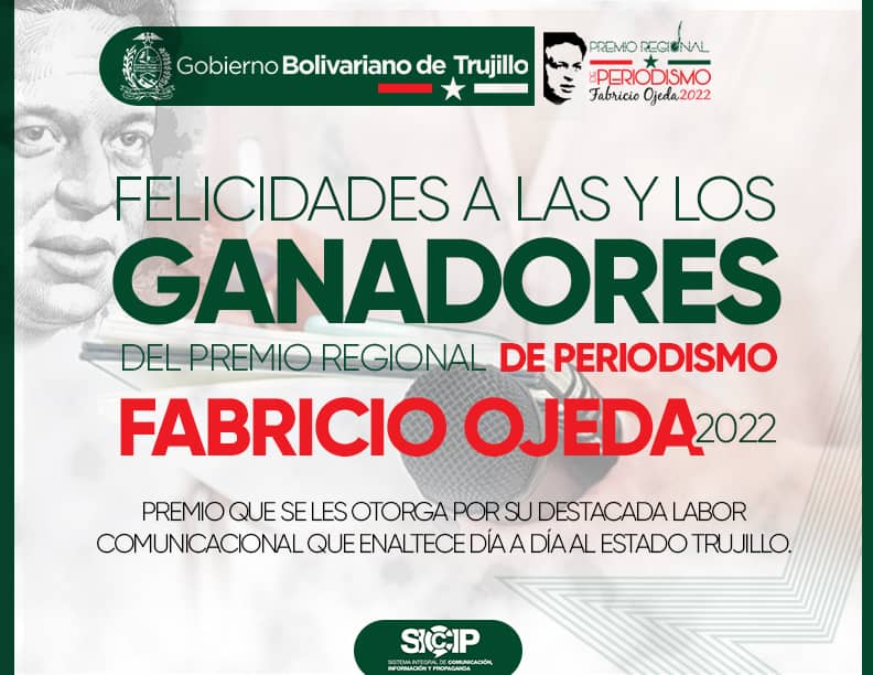 GobTrujillo's tweet image. ¡Felicidades! 

El Premio Regional de Periodismo "Fabricio Ojeda" es un reconocimiento a la loable labor de mantener informado al pueblo trujillano.

#VacunateEvitaLaCovid
