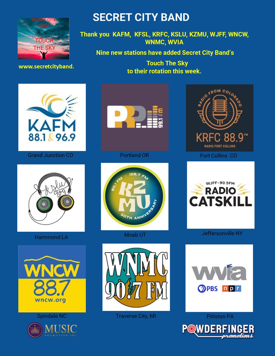 Week four gives us nine more radio stations playing songs from our second album "Touch The Sky". Touch The Sky is available on all of the streaming sites. THANK YOU one and all! secretcityband.com