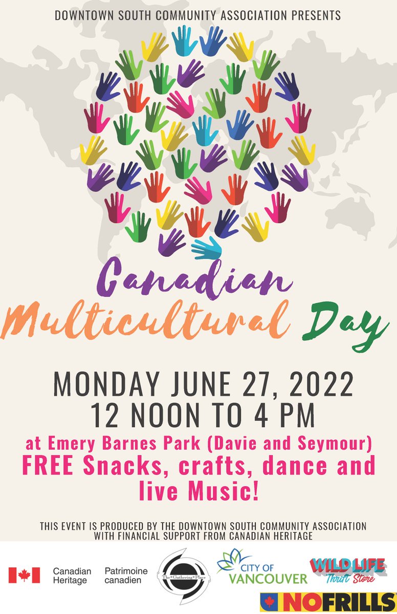 CityofVancouver's tweet photo. This Monday, celebrate Canadian Multicultural Day with the Gathering Place e and Gathering Place Community Centre Association at Emery Barnes Park from noon to 4. There will be free Snacks, crafts, dance and live music! We hope to see you there 🥳 https://t.co/1wOXrX4tUM