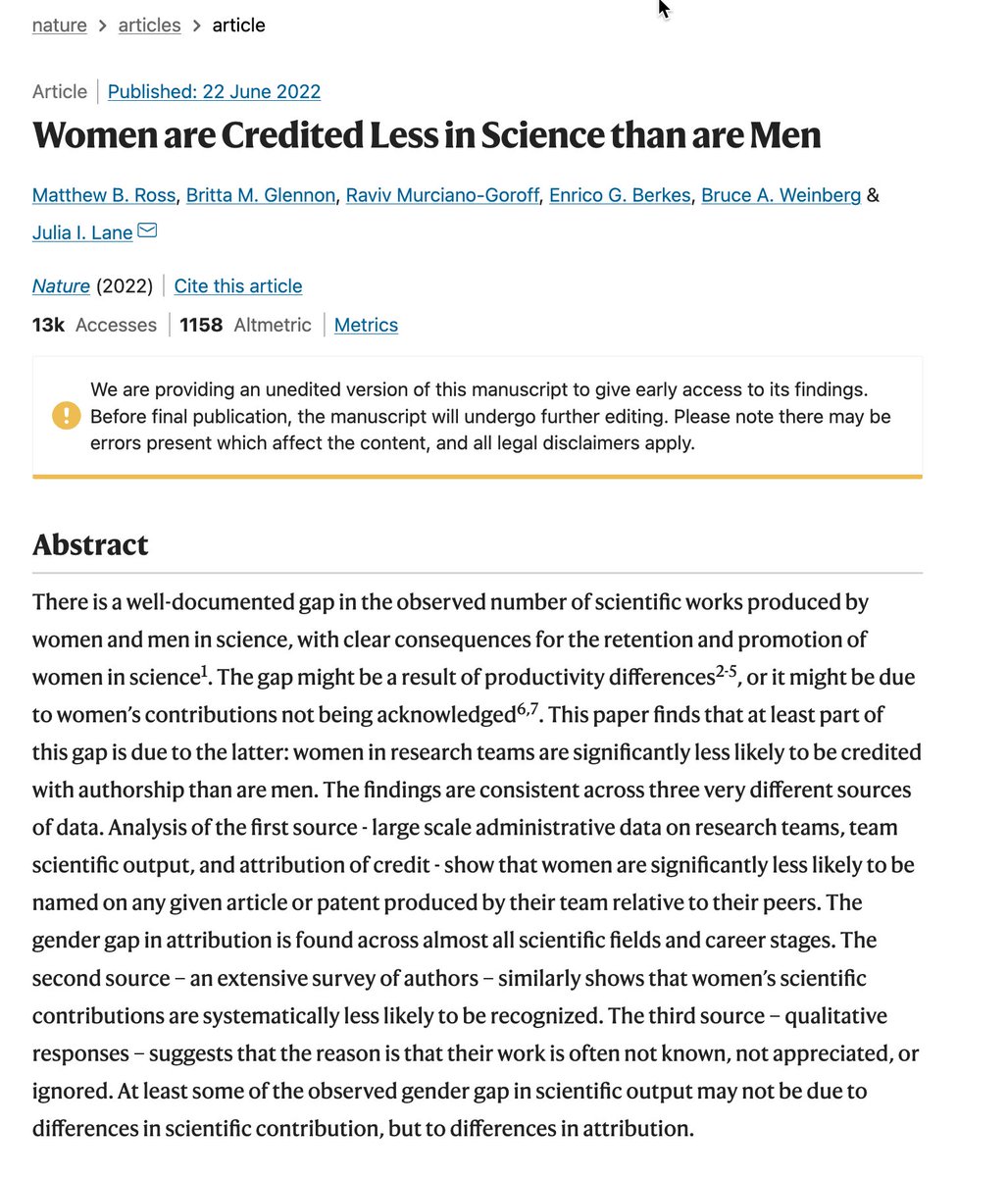 This is an indictment of our research ecosystem…and demands our attention… 'This paper finds...women in research teams significantly less likely to be credited w/authorship than men…findings consistent across 3 very different sources of data. nature.com/articles/s4158…