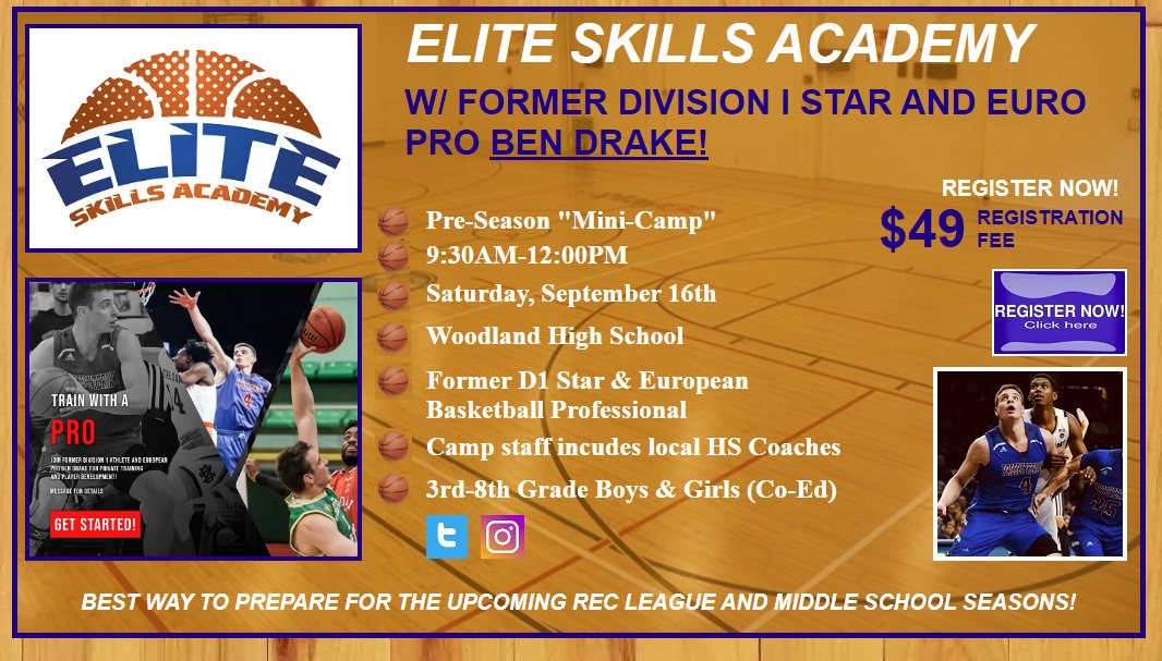 HUUUUUGE camp event for any 3rd-8th grade ballers w/ former European pro Ben Drake (Played collegeiately @ DI &amp; NCAA tourney team Presbyterian College).

🏀9:30-12, Saturday September 16th - Woodland High School!

Click here to register:  northmetroelite.com/esa.html