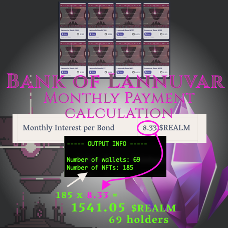 manttorne's tweet photo. To all holders of #BankOfLannuvar bonds:

1541.05 $REALM is allocated for our monthly yield, across 185 eligible NFTs.
Disbursement will occur July 1.

Interested @Karithaio collectors can find bonds 📸🔜:
https://t.co/ltsWVoEQMz

More: https://t.co/8ZIa5AvPyx
#web3 #gamefi #DAO https://t.co/5BlZWV1lZd