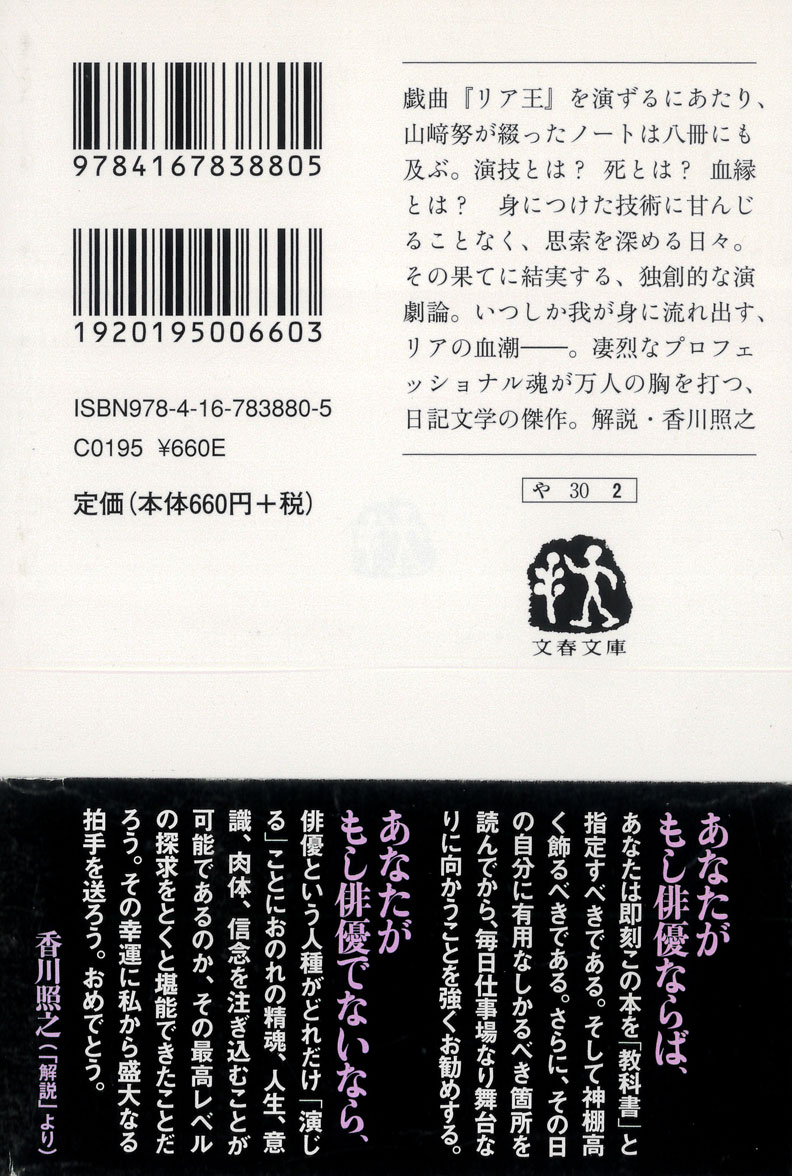 山﨑努『俳優のノート』(文春文庫、2013)
1998年1月より新国立劇場開場記念で行われた「リア王」公演。七ヵ月にわたる準備・稽古・本番の敢闘の記録を縦糸に、そこに芥川比呂志、三船敏郎、伊丹十三、岸田今日子、そしてリアという人々との交流を横糸にした情景が紡がれていく。