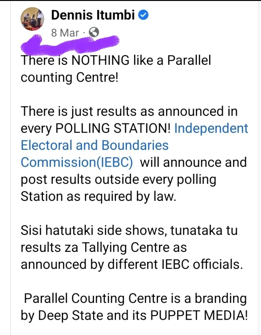 OleItumbi's tweet photo. Dear 
@NationAfrica, we understand Sundays are dry days  in Newsrooms, but please note only ODM is interested in Parallel Tallies. #HustlerNation &amp; @WilliamsRuto team has consistently said we will announce QUICK results as announced by @IEBCKenya. Nothing Parralel. #SystemYaFacts https://t.co/DfxNRNoZXs