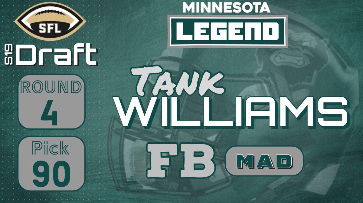 With our 90th pick in the <a href="/simulationfl/">Simulation Football League</a> S19 draft, the Legend pick FB Tank Williams! Welcome home! #Legend #Believe