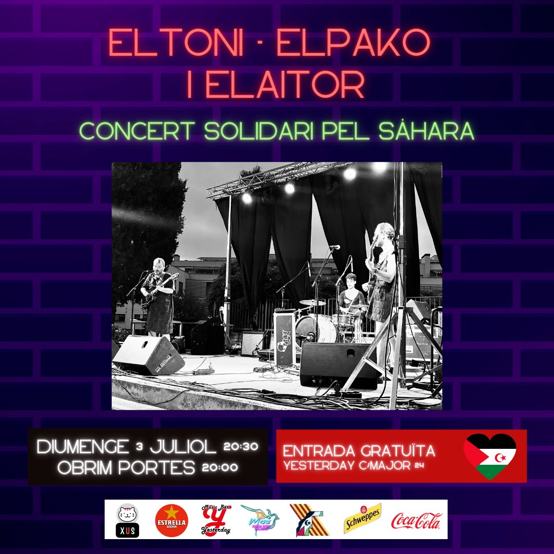 xarxaociscg's tweet photo. Aquest Diumenge 3 de Juliol nou esdeveniment solidari.

🎵 Concert de Eltoni, elpako i elaitor
🇪🇭 Per Santa Coloma amb el Sàhara
📌 Al Yesterday
🕒 A partir de les 20:00
🆓 Entrada Gratuïta
🍺 El benefici de les consumicions serà donat a aquesta associació.

#ambtuéspossible https://t.co/tw7MJnsdI8