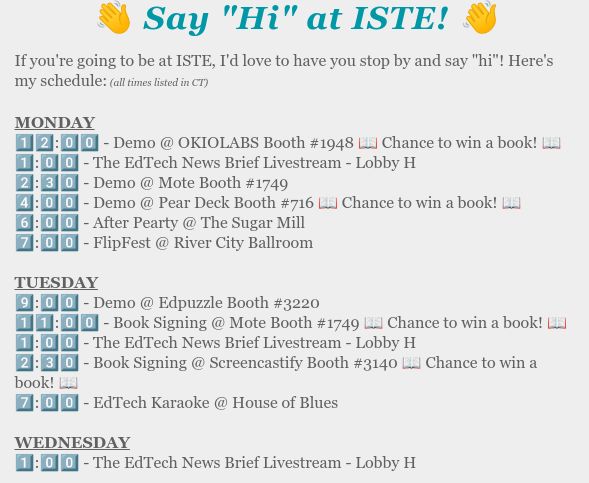 👋 If you're at #ISTE22, come say hi! 👋 📆 Here's my schedule! 📆 🚨 Multiple Chances to Win a Copy of #EduDuctTape! 🚨 #ISTE #ISTELive #ISTELive22