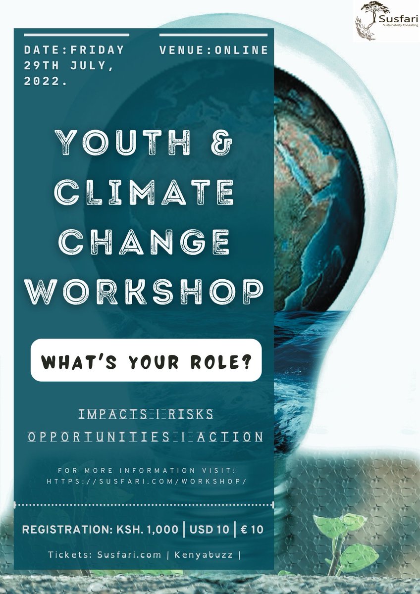 susfari's tweet photo. Susfari brings you an unparalleled and one of it's kind virtual workshop on "Youth and Climate Change: What's your Role?" slated for the 29th of July, 2022 starting at 9:00am.
Get insights, discuss and seize opportunities in a changing world.
Join in.
https://t.co/dCoNAr9BnG https://t.co/7TK36iY2ix