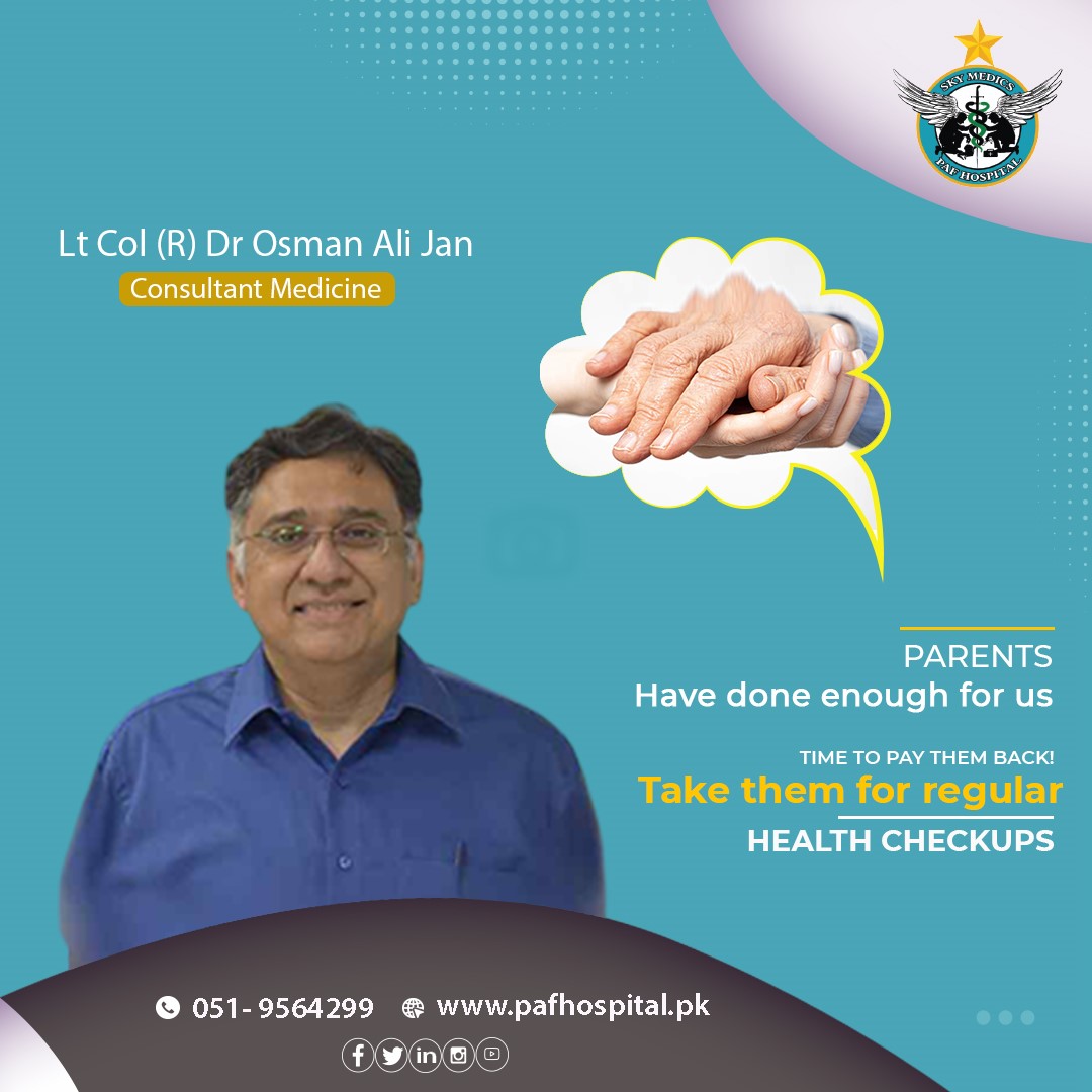 PAF_Hospital's tweet photo. Parent’s health is the family’s wealth, make sure your parents go for regular health check-ups even if they are alright. For a consultation please call 051- 9564299 or visit https://t.co/U2Z5P1kKQq
#PAF #pafhospitalislambad #healthcheckup #parentshealth #chekups https://t.co/gU1MtBAa2o