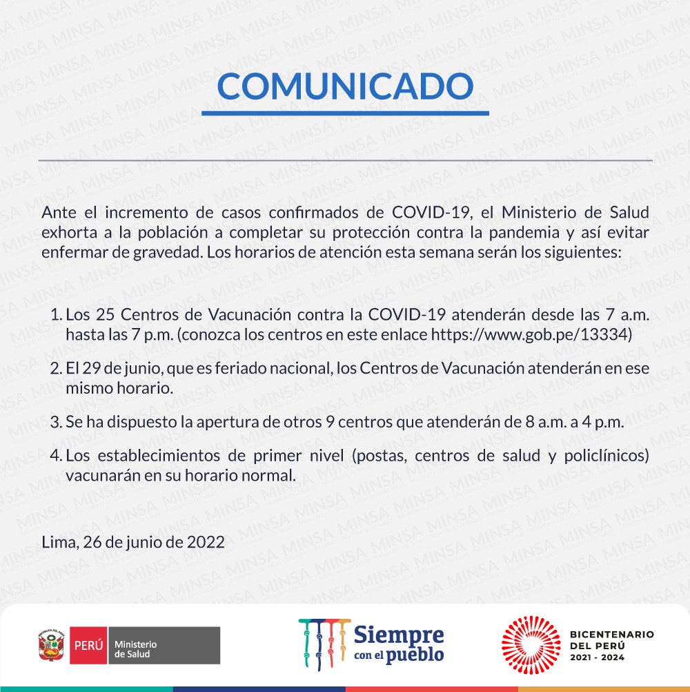 Minsa_Peru's tweet photo. 🔴COMUNICADO | Ante el incremento de casos confirmados de #COVID19, exhortamos a la población a completar su protección contra pandemia. https://t.co/4ewVsh3dRs