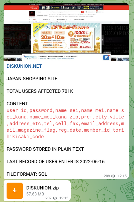 Database Leak
DISKUNION.NET 
Japan Shopping Site
Total Users Affected 701k