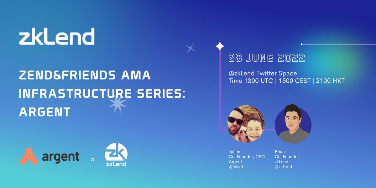 👋PSA: Join us with <a href="/jniset/">Julien Niset</a> of <a href="/argentHQ/">Argent</a> on the first ZEND&amp;FRIENDS AMA.

⭐️We'll be covering wallet design, social recovery, #StarkNet account abstraction and more!

➡️Set schedule now: x.com/i/spaces/1rmxP…