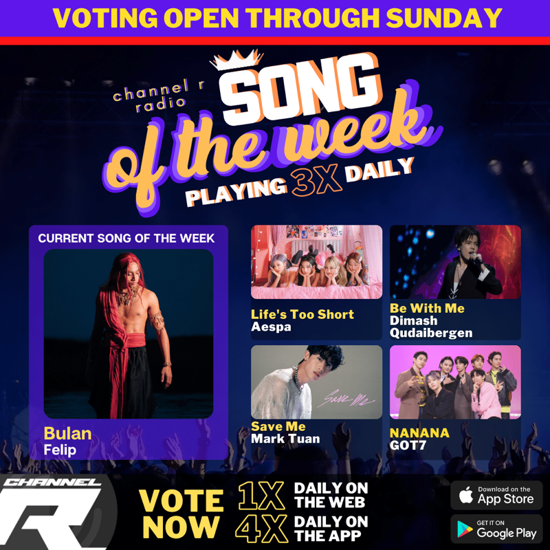 channelrradio's tweet photo. 👑It's the 5th day of voting for the next #ChannelRSongOfTheWeek! Who will win? Here are your nominees:
#Felip (Current SOTW)
#DimashQudaibergen
#MarkTuan
#GOT7
#Aespa 🆕
Vote 1x daily on the website + 4x daily on our Radio App here: https://t.co/jaa2PF8U0s https://t.co/Mn8P7FoTKS