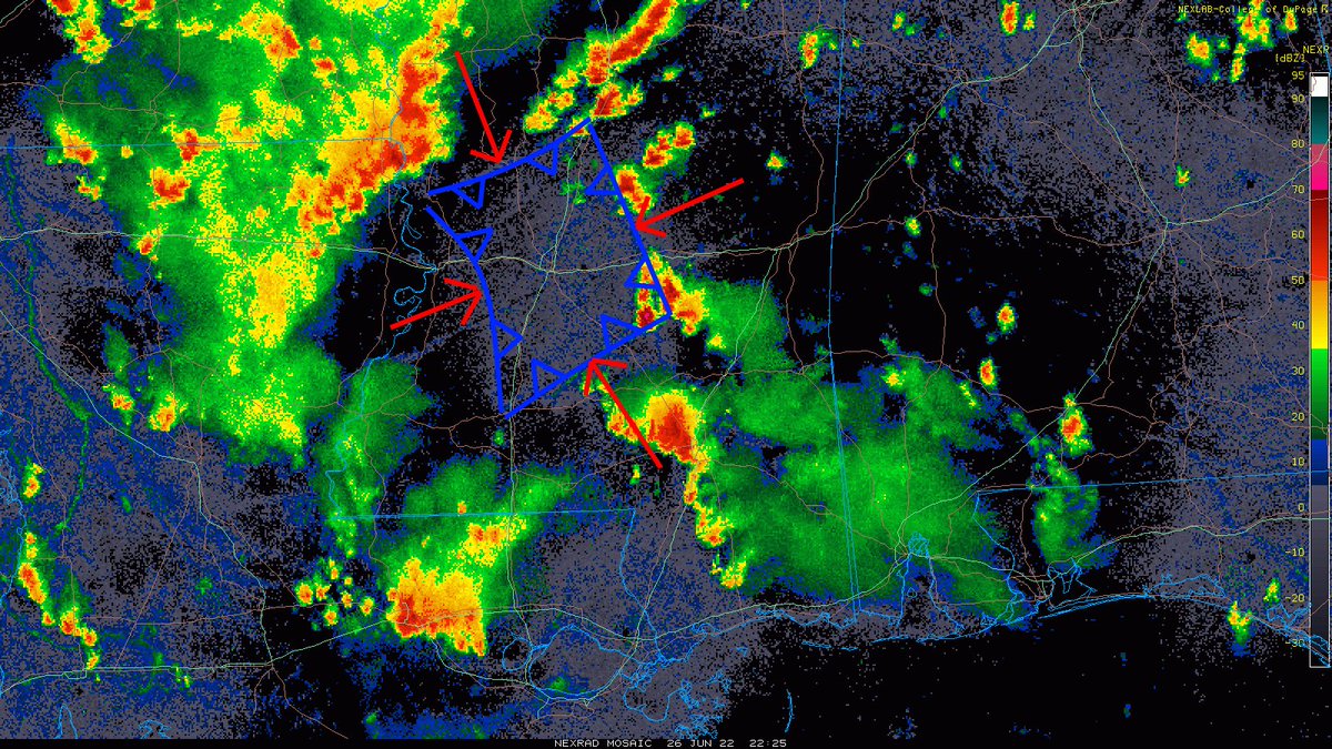 LDWhiteWx's tweet photo. Jackson, Mississippi was in the middle of four converging thunderstorm outflow boundaries this afternoon. Widespread rain across the Metro once they collided. #MSWx #Mesoanalysis https://t.co/e9GzPkfaMh