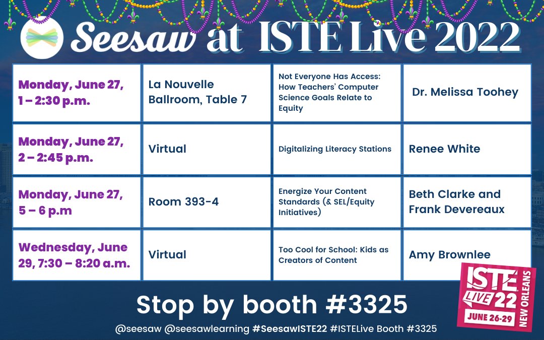 🎉We can't wait to see you at #ISTELive TOMORROW! 

Be sure to check out #Seesaw's very own Dr. Melissa Toohey at 'Not Everyone Has Access: How Teachers’ Computer Science Goals Relate to Equity'.

Drop a 🙌🏼 if we will see you there! 

#ISTELive2022 #ISTELive22 #SeesawlSTE22