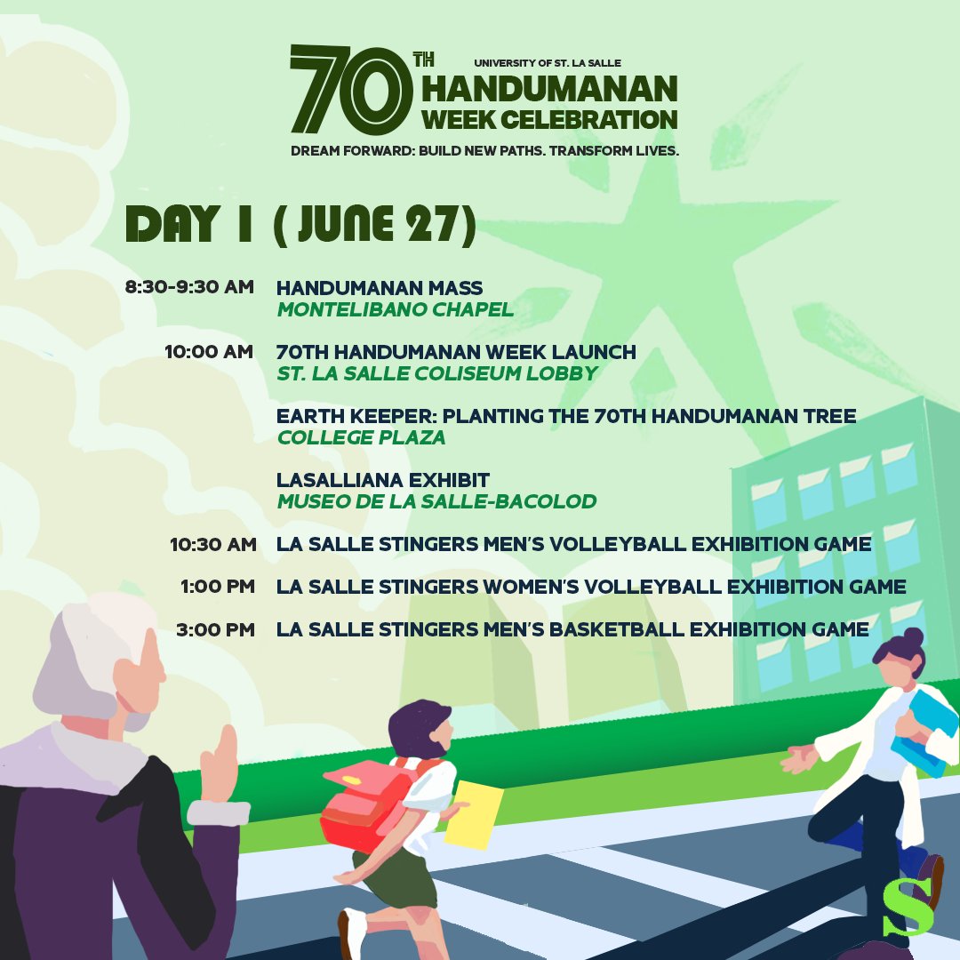 TheSpectrumUSLS's tweet photo. Don't miss out, Lasallians! Here's the schedule of festivities for this year's #70thHandumananWeek Day 1:
#DreamForward https://t.co/SXcJ5RbQFK