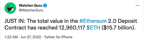 BitduExchange's tweet image. Ethereum 2.0 contracts pledged amount to 12,960,000 ETH

According to Watcher.Guru on social media, the current number of Ethereum 2.0 contracts pledged amounts to 12,960,117 ETH, worth approximately ($15.7 billion).