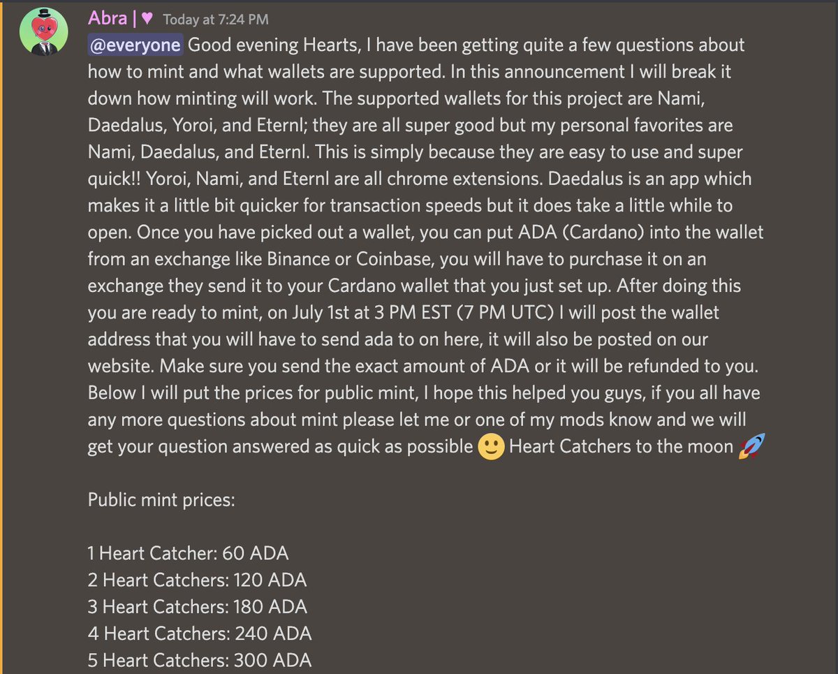 Hey Hearts, I thought this was worthy of posting. Below is how to set up your Cardano wallet so you are ready for mint day, it also states how mint day will work!! Get ready Hearts, July 1st at 3 PM EST is going to be special :) 

#CNFT #CNFTProject #CNFTdrop #CNFTCommunity