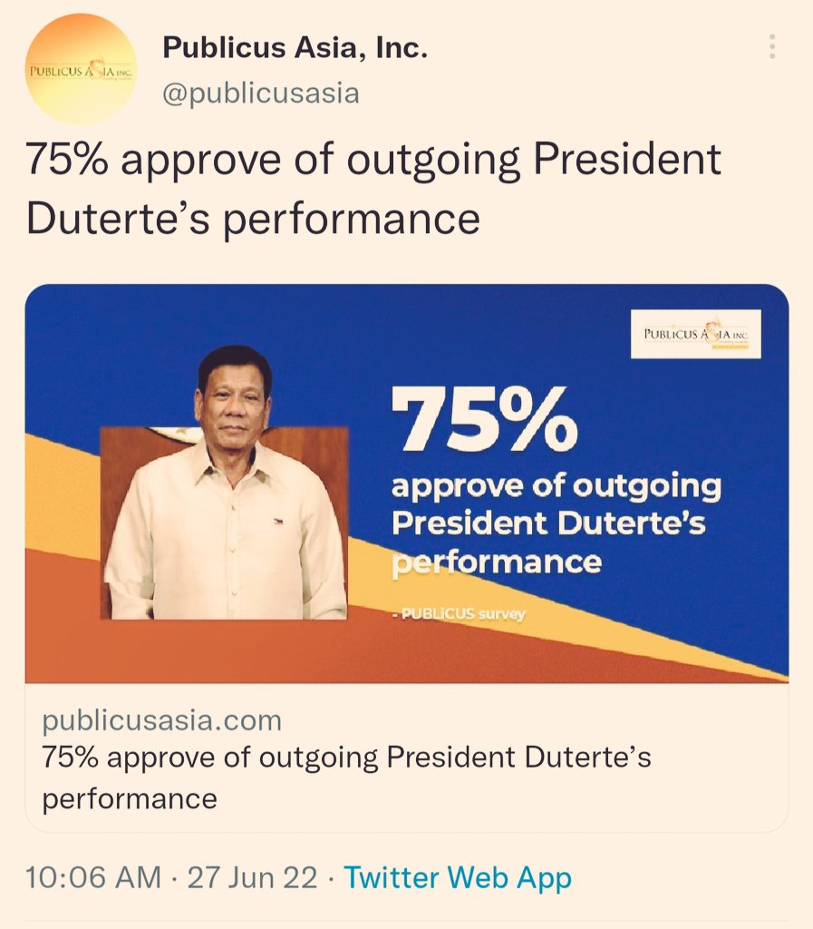 pinoyanghang's tweet photo. And just like that, the beloved "mayor from Mindanao" makes history again:

President RODRIGO DUTERTE is set to leave office as the most popular president of the post-EDSA 1986 era, according to the latest PUBLICUS ASIA survey, conducted from June 16-22, 2022.

#Unprecedented https://t.co/Tr3Py9snvj