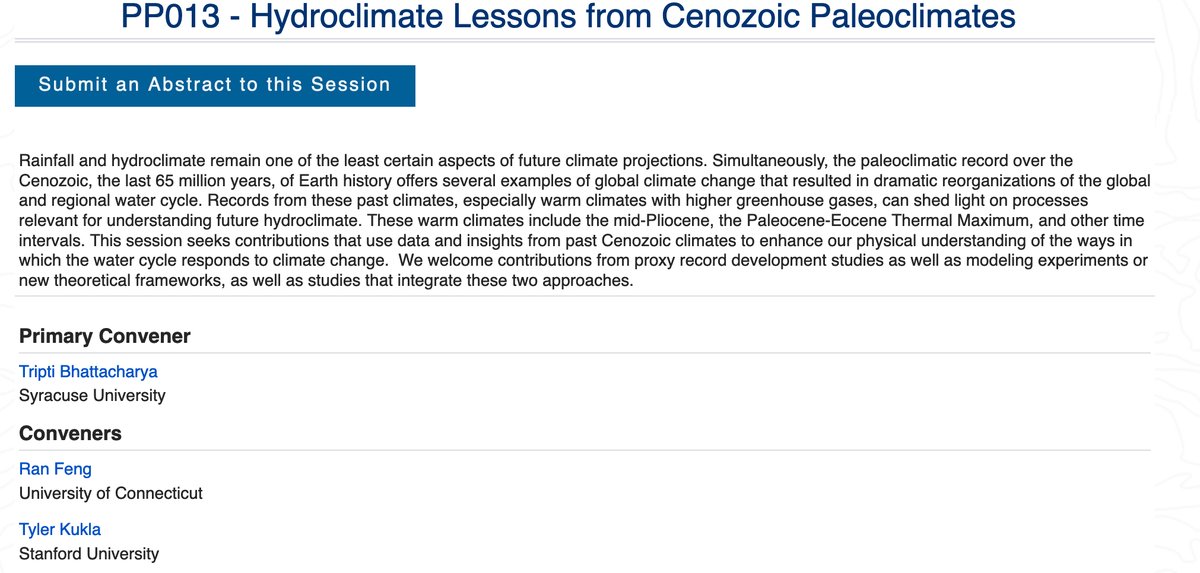 For the third year in a row, we are convening 'Hydroclimate Lessons from Cenozoic Paleoclimates' at AGU 2022! Join in to find out what we can learn about the future of Earth's water cycle from #paleoclimate with co-conveners @EarthTKukla and Ran Feng 

agu.confex.com/agu/fm22/preli…