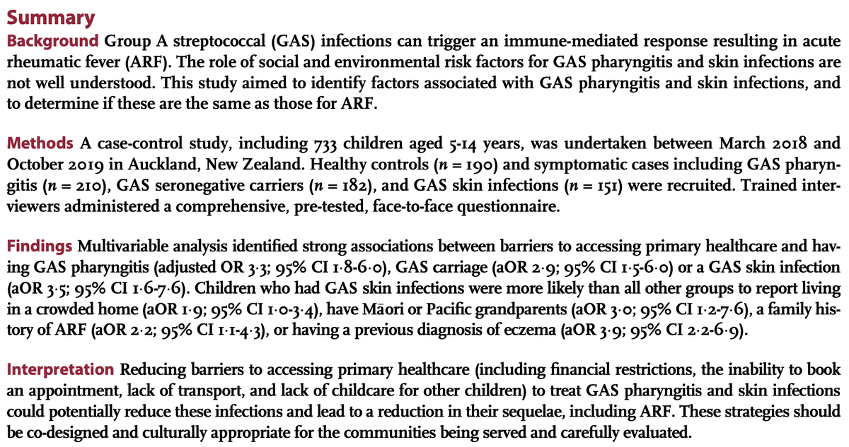 A hugely important case control study from Aotearoa about risk factors for Strep A infections in @LancetRH_WPac. Important implications for preventing rheumatic heart disease regionally & globally thelancet.com/journals/lanwp…