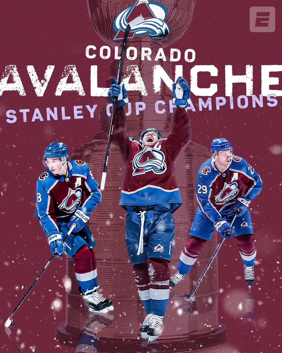 espn's tweet image. THE 21-YEAR WAIT IS OVER!

The Colorado Avalanche are #StanleyCup champions for the third time in franchise history ⛰