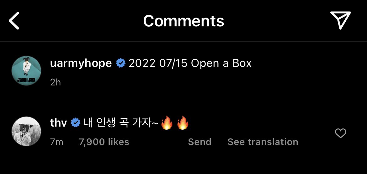 [220627 V Instagram Comment]

🐻 song of my life let’s go~🔥🔥