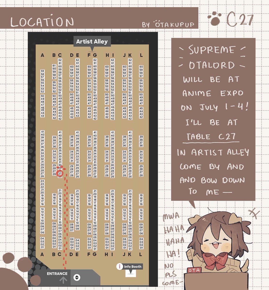 I didnt get to post my table location! I shall be at table c27 yo! ill also have freebies stickers too! My catalog is in my pinned tweet if you missed it! ☺️

The password for my ota sticker is:
"I bow my loyalty to the Otalord" :3
Bowing is optional LMAO 😂
#AX2022ArtistAlley 