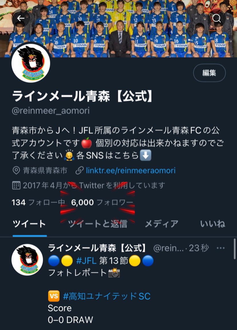 reinmeer_aomori's tweet photo. ／
 #Twitter フォロワー6000人突破🎉
＼

 #ラインメール青森 公式Twitterのフォロワーが6000人を突破しました✊🏻 ̖́-

日頃より、たくさんのご支援、ご声援、本当にありがとうございます🙇
常に、感謝の気持ちをもって日々精進して参ります🔥

これからもよろしくお願いします⚽️ https://t.co/FG9PpTyVxs