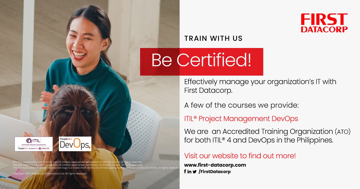 FirstDatacorp's tweet photo. Be certified on ITIL®, DevOps, and Project Management today! #TrainwithFirstDatacorp https://t.co/MfPiFBJE1y