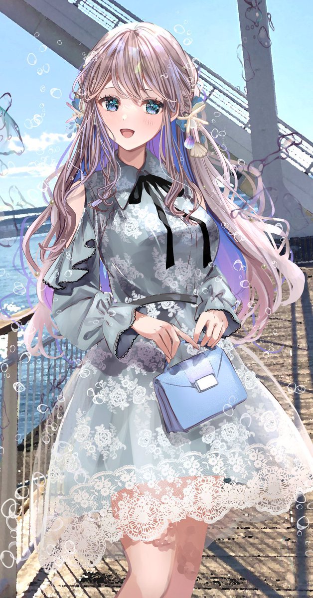 1girl solo dress bag long hair outdoors smile  illustration images
