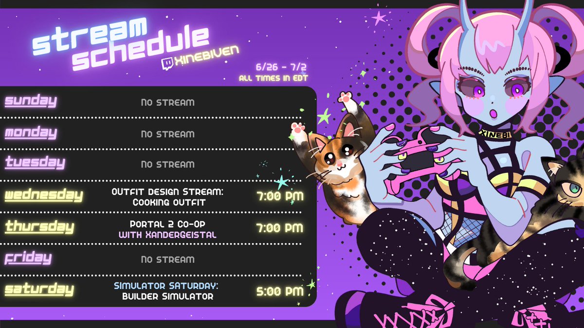 XinebiVen's tweet image. New Schedule! (Reposting with an edit) I&apos;m super excited for the outfit design stream on Wednesday, but I&apos;m more excited to start working through #Portal2 with @XanderGeistal on Thursday! Saturday we&apos;ll be building all the things in #BuilderSimulator. Can&apos;t wait to see you!
