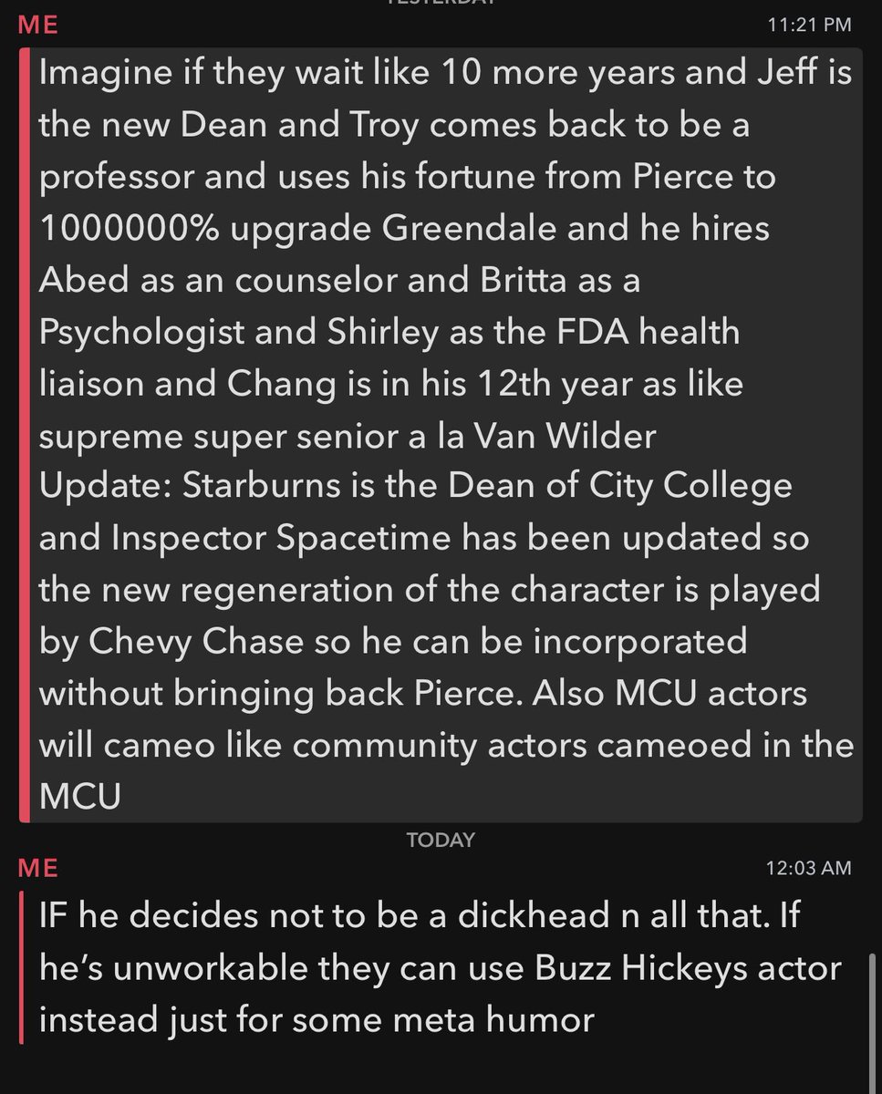 arp22494's tweet photo. Hey Dan Harmon Iโm out here writing the Community movie off the cuff. Even if most of this is undoable I can do better with given parameters. Hire me please and thank you. #sixseasonsandamovie #theworsttimeline https://t.co/zijL5JsGve