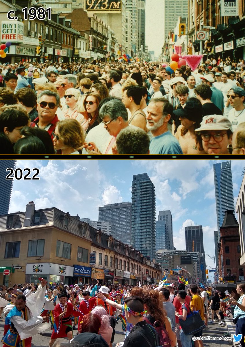 UrbanThenAndNow's tweet image. Looking north on Yonge, south of Gloucester, #Toronto. @PrideToronto has been held every June since 1981, sparked by mass arrests taking place on four gay bathhouses in that year. Now, the Pride Parade is one of many celebrations occurring during #PrideMonth. #torontoprideparade