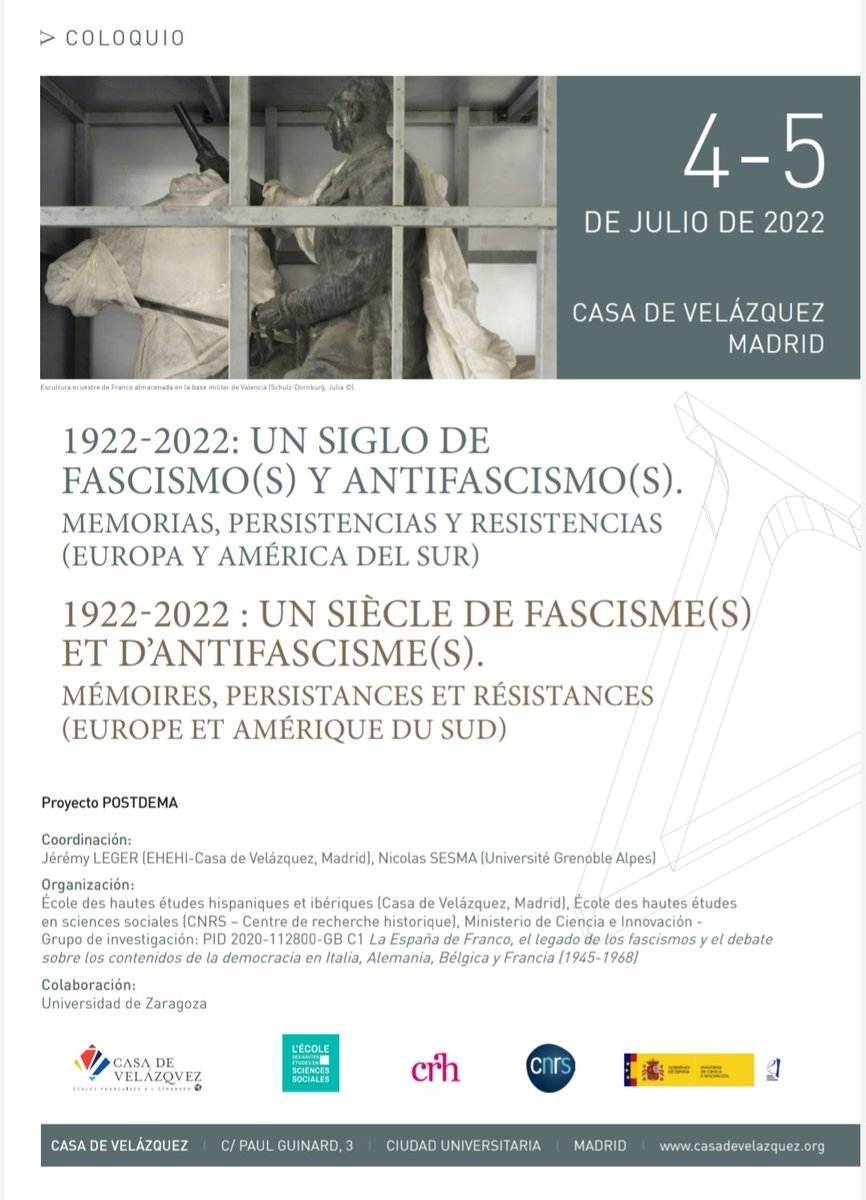 JrmLeger's tweet photo. [Save the date]
🇫🇷 Plus qu'une semaine avant notre colloque @CRH_ehess et @casadevelazquez pour écouter entre autres @CarlosDomper et @nicoabu.
🇪🇸  Sólo queda una semana antes del coloquio #crh #casadevelázquez, para escuchar a Carlos #Domper y Nicolas #Sesma entre tantos. https://t.co/ScytToGzTU