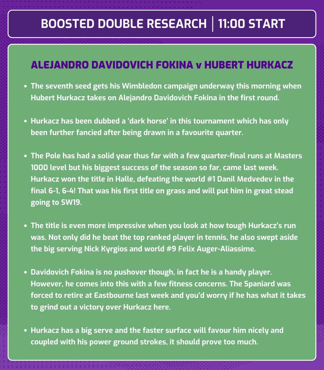 AndyRobsonTips's tweet image. 🎾 #Wimbledon Day One Boosted Double

Bet link: bit.ly/D1-Double

👇🏼 Research attached. Hit the link above to get this bet at best odds. 

18+, gamble responsibly.