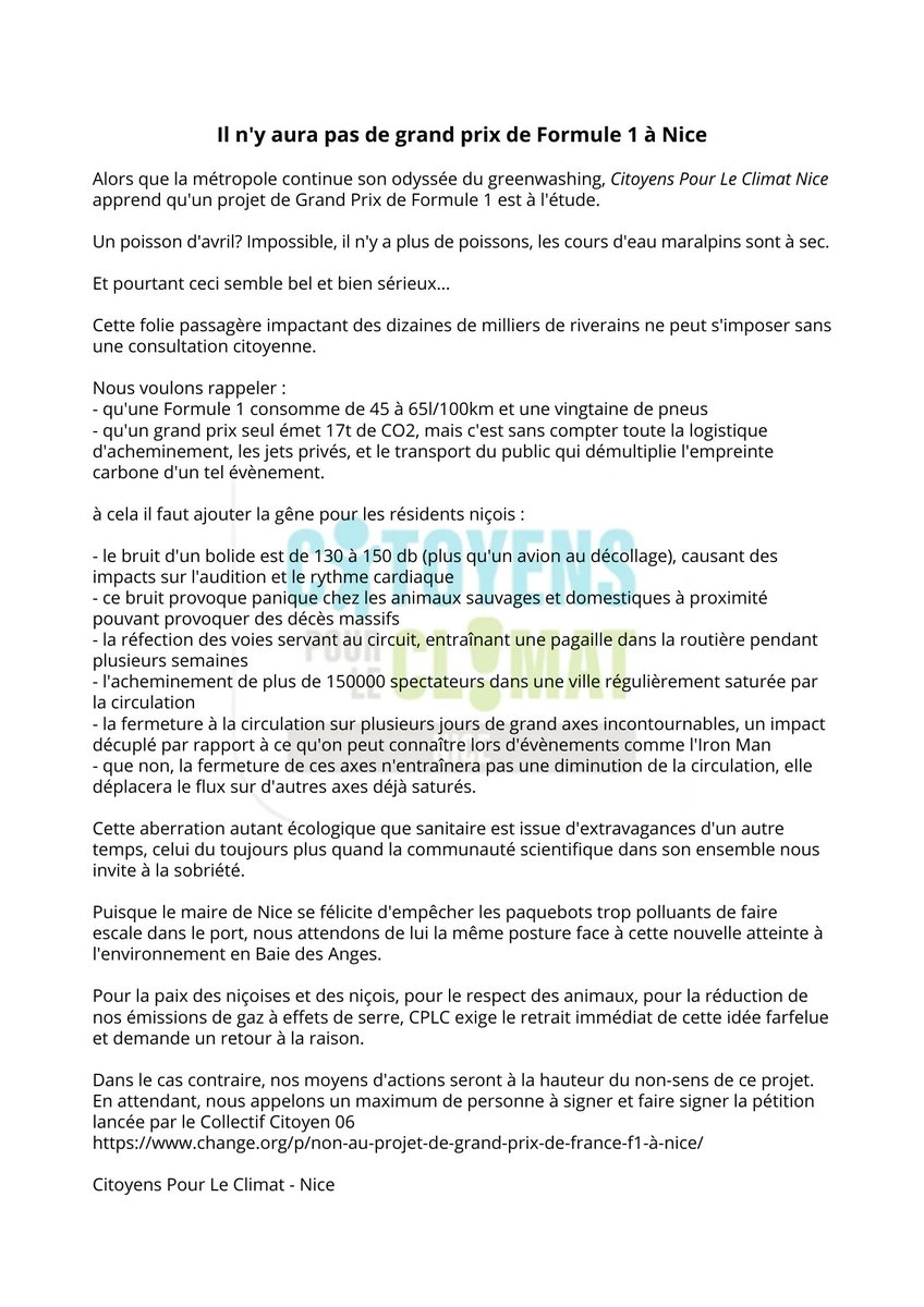 Un grand prix de Formule 1 dans la ville de Nice? C'est une aberration! 
En plus de notre communiqué, nous appelons le plus grand nombre à signer et faire signer la pétition du <a href="/CollecCitoyen06/">Collectif Citoyen 06</a> 
change.org/p/non-au-proje… 

<a href="/CPLCFrance/">Citoyens Pour Le Climat</a> <a href="/BonPote/">Bon Pote</a> <a href="/Mondi_Alisation/">Mr Mondialisation</a> <a href="/AlicePatalacci/">Alice Patalacci</a>
