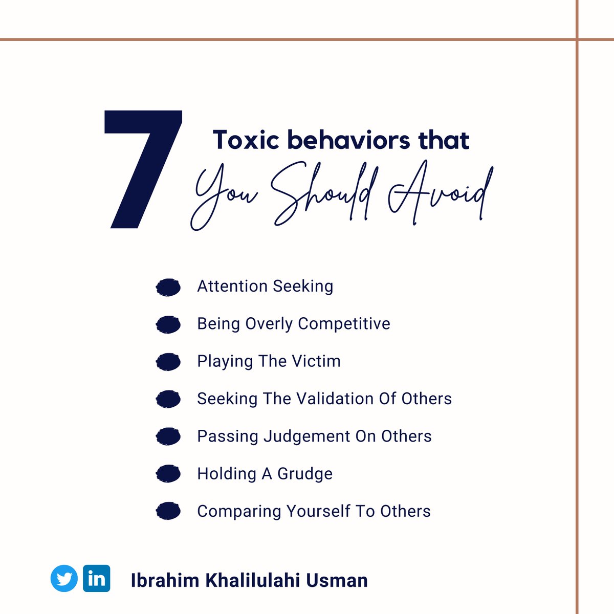 #mondaythoughts : 7 Toxic Behaviors to avoid.

#MondayMotivation #mondayinspiration #behaviour #habitsforsuccess #manners #TheKhalil #MTNFACup2022 #DateRush #JackieAppiah  #RoyalSports